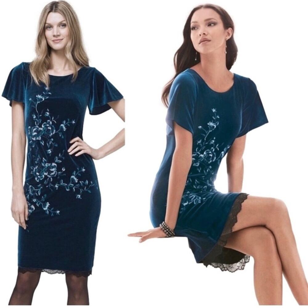WHBM Teal Velvet Lace Trim Floral Embroidered Flounce Sleeve Dress XS Petite
